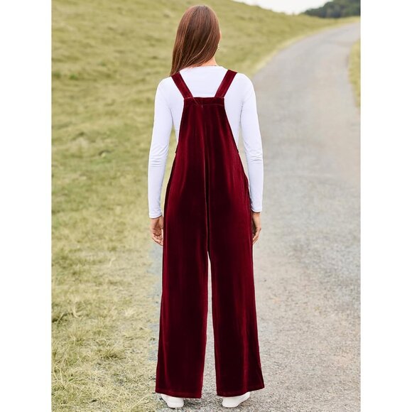 Women Red Casual Velvet Sleeveless Loose Jumpsuits Dressy One Piece Pant Rompers - Picture 5 of 5